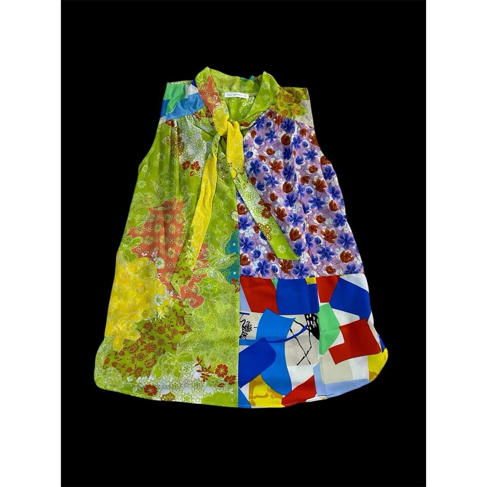 Ces Femme Tie Neck Sleeveless Blouse Patchwork Floral Abstract Art Print Tunic M